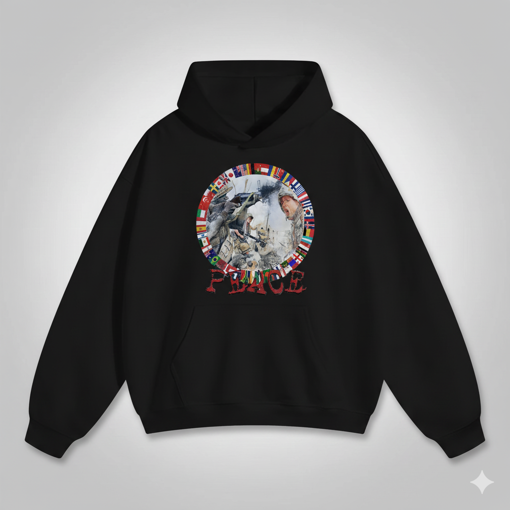 Fashion Peace In War Print Graphic Loose Hoodie